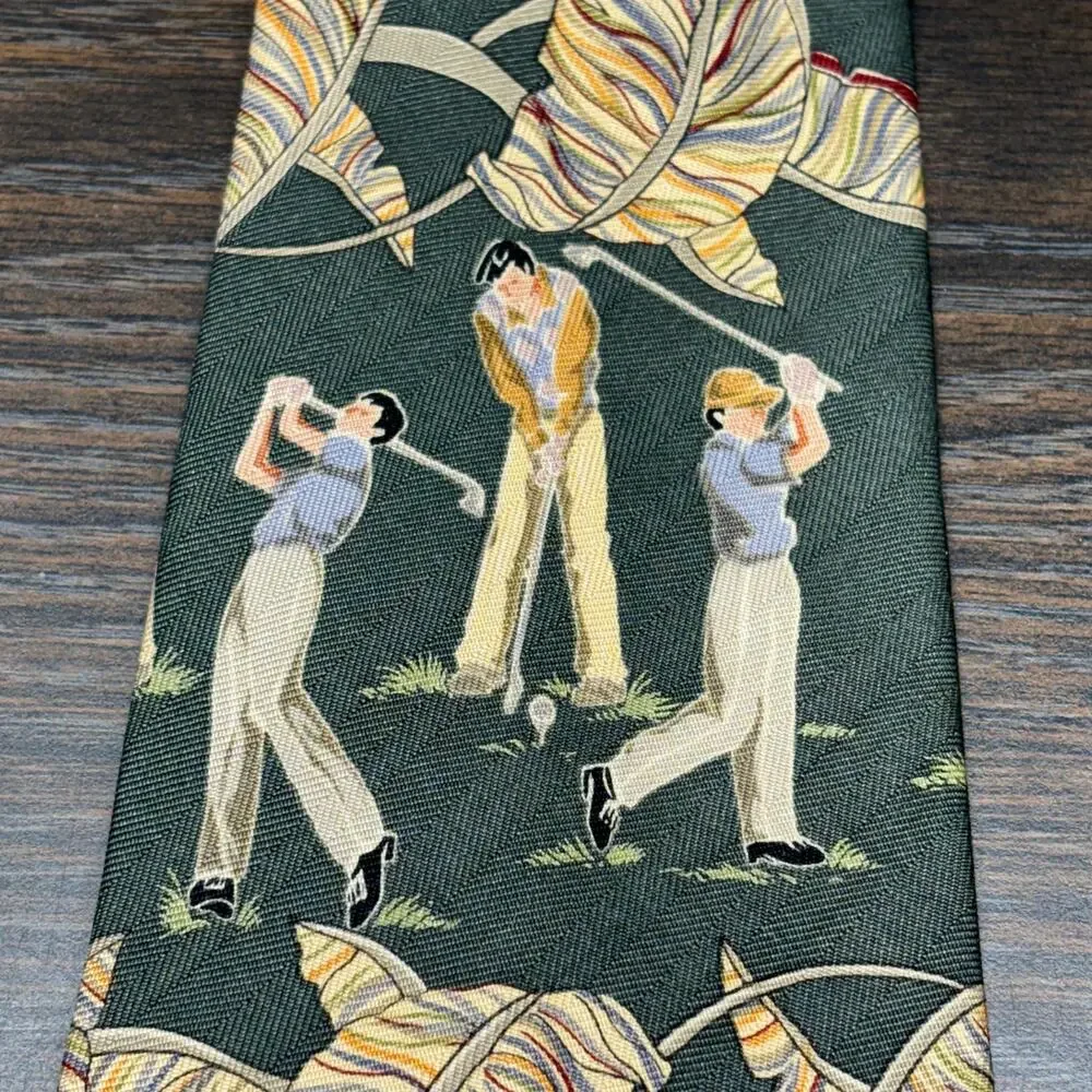 Vintage Tommy Bahama Necktie Green Tropical Golf Print Silk USA Made Career Wide